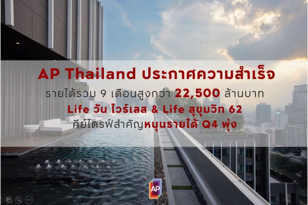 เอพี ไทยแลนด์ โกยรายได้รอบ 9 เดือนกว่า 22,500 ล้านบาท กวาดยอดขายกว่า 30,600 ล้านบาท